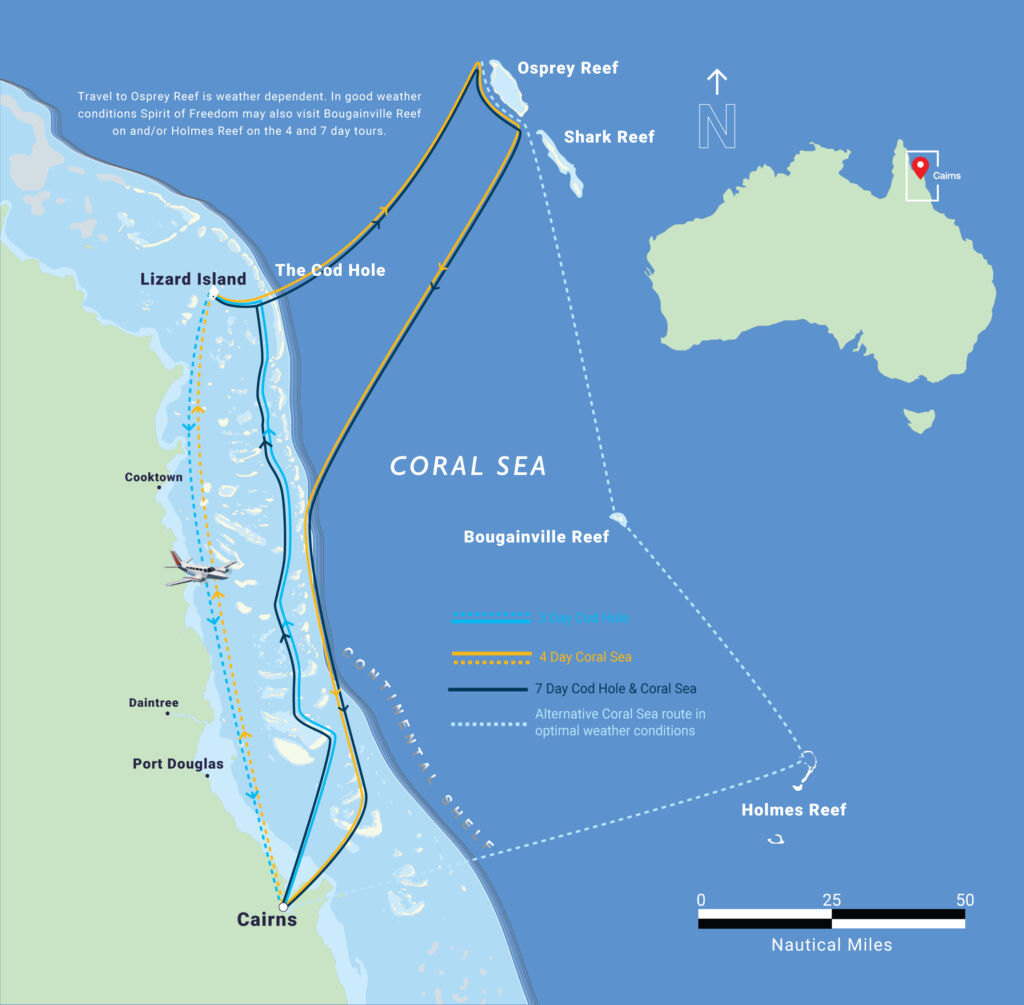 ケアンズ、ダイブクルーズ、スピリットオブフリーダム、クルーズマップ